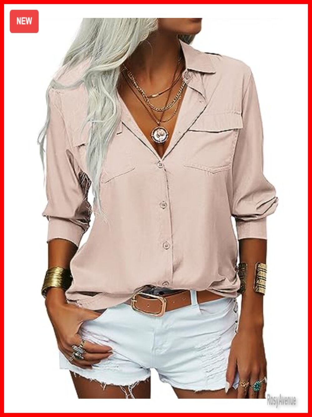 Womens Long Sleeve Button Down Blouse Business Casual V-Neck Loose Fit Top